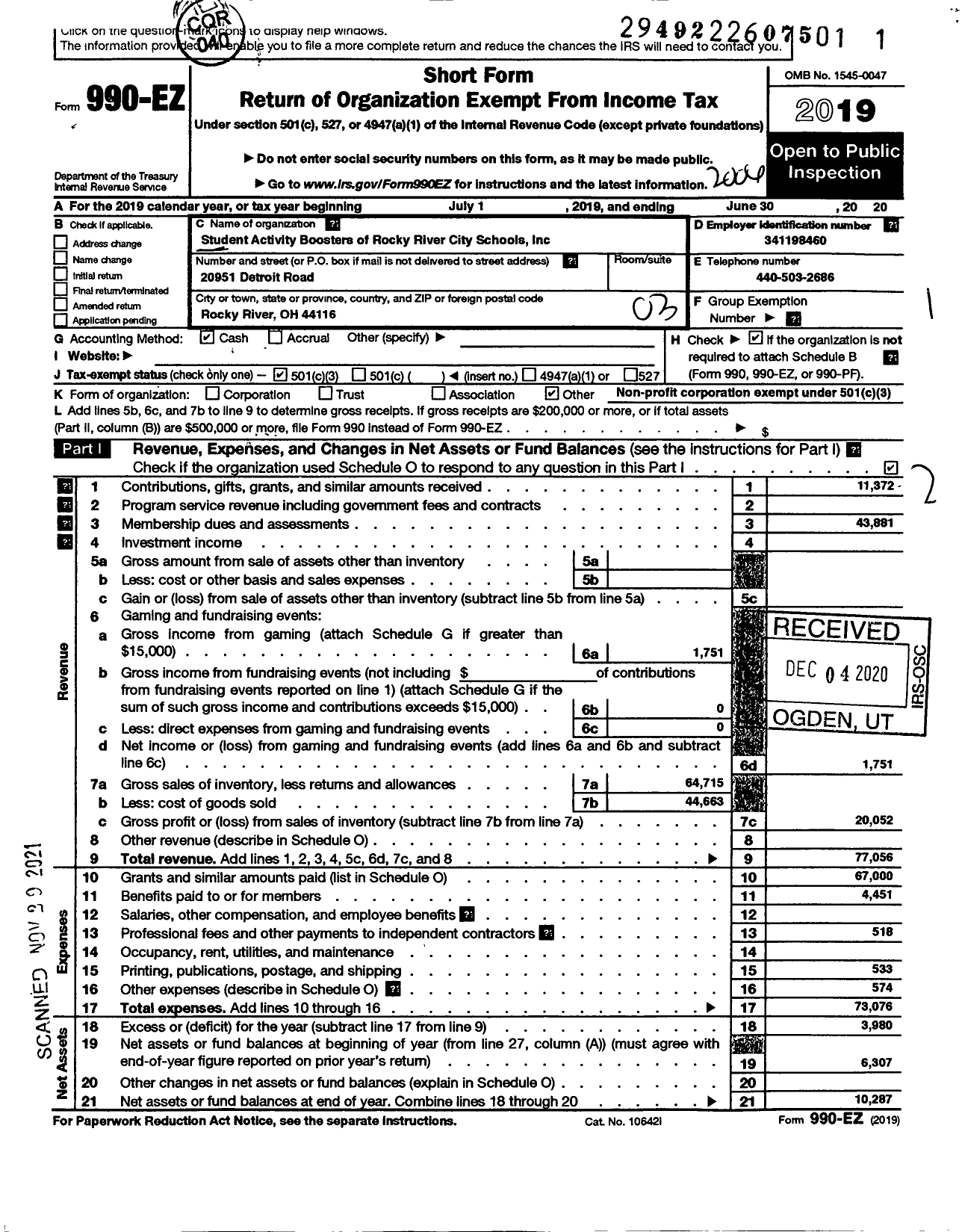 Image of first page of 2019 Form 990EZ for Student Activity Boosters of Rocky River City Schools