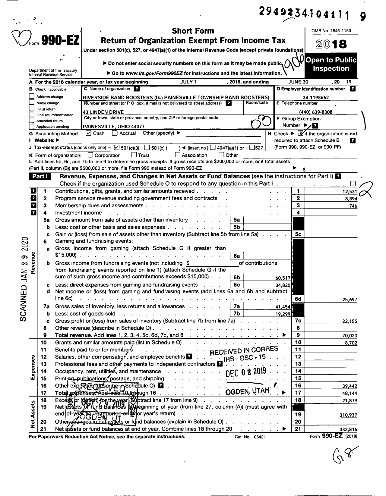 Image of first page of 2018 Form 990EZ for Riverside Band Boosters