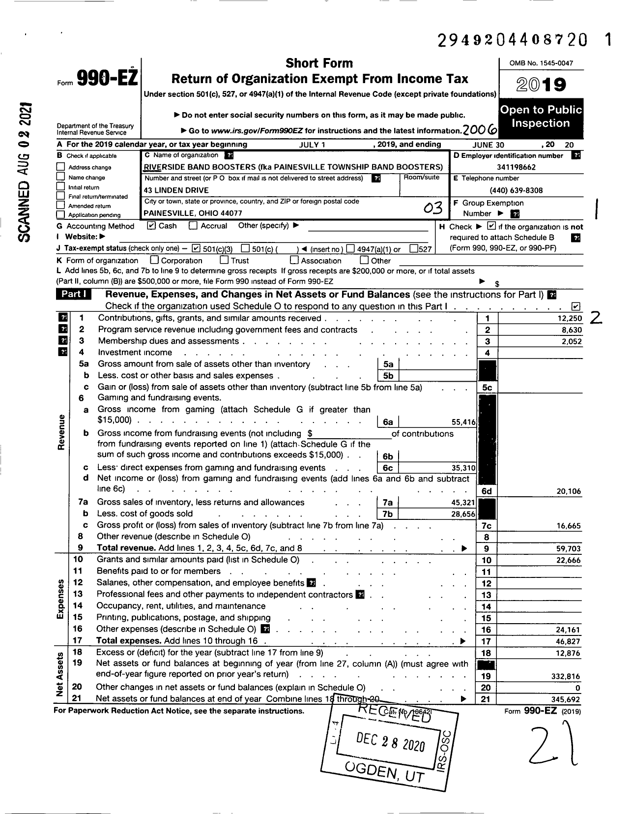 Image of first page of 2019 Form 990EZ for Riverside Band Boosters