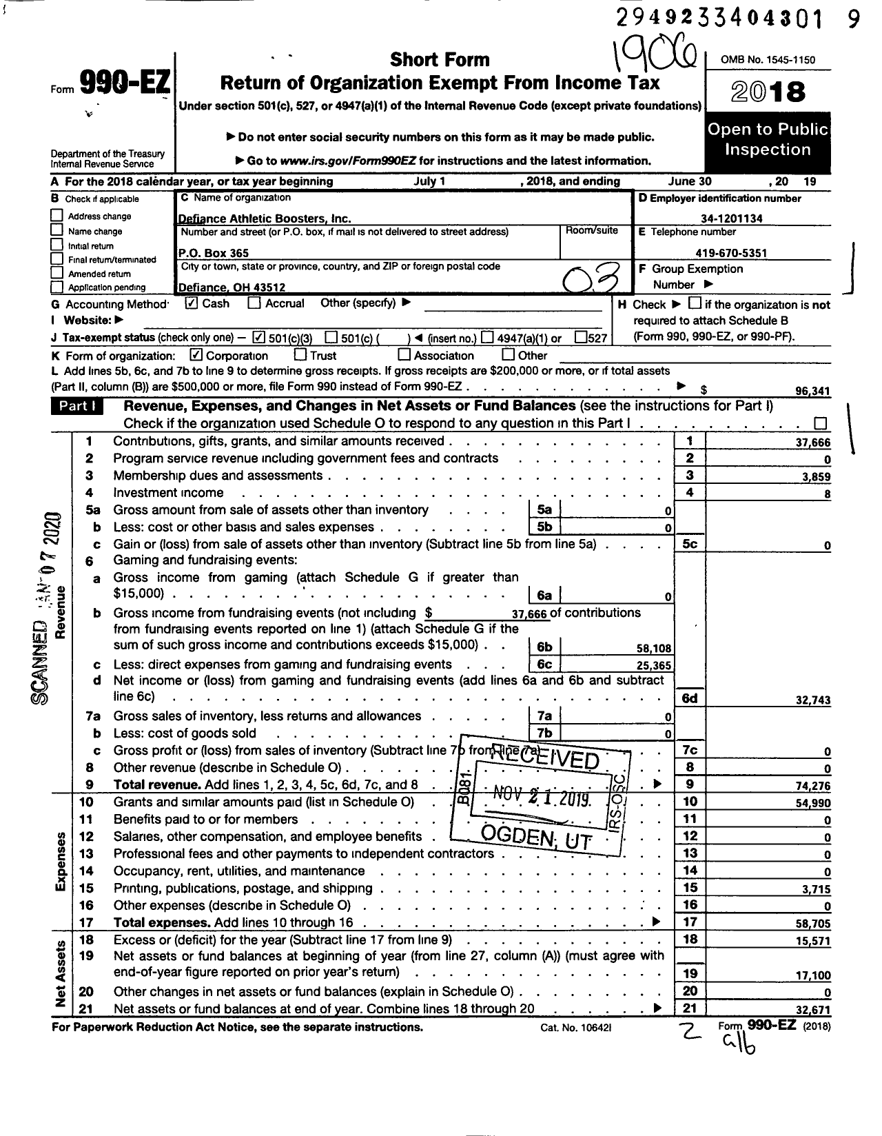 Image of first page of 2018 Form 990EZ for Defiance Athletic Boosters