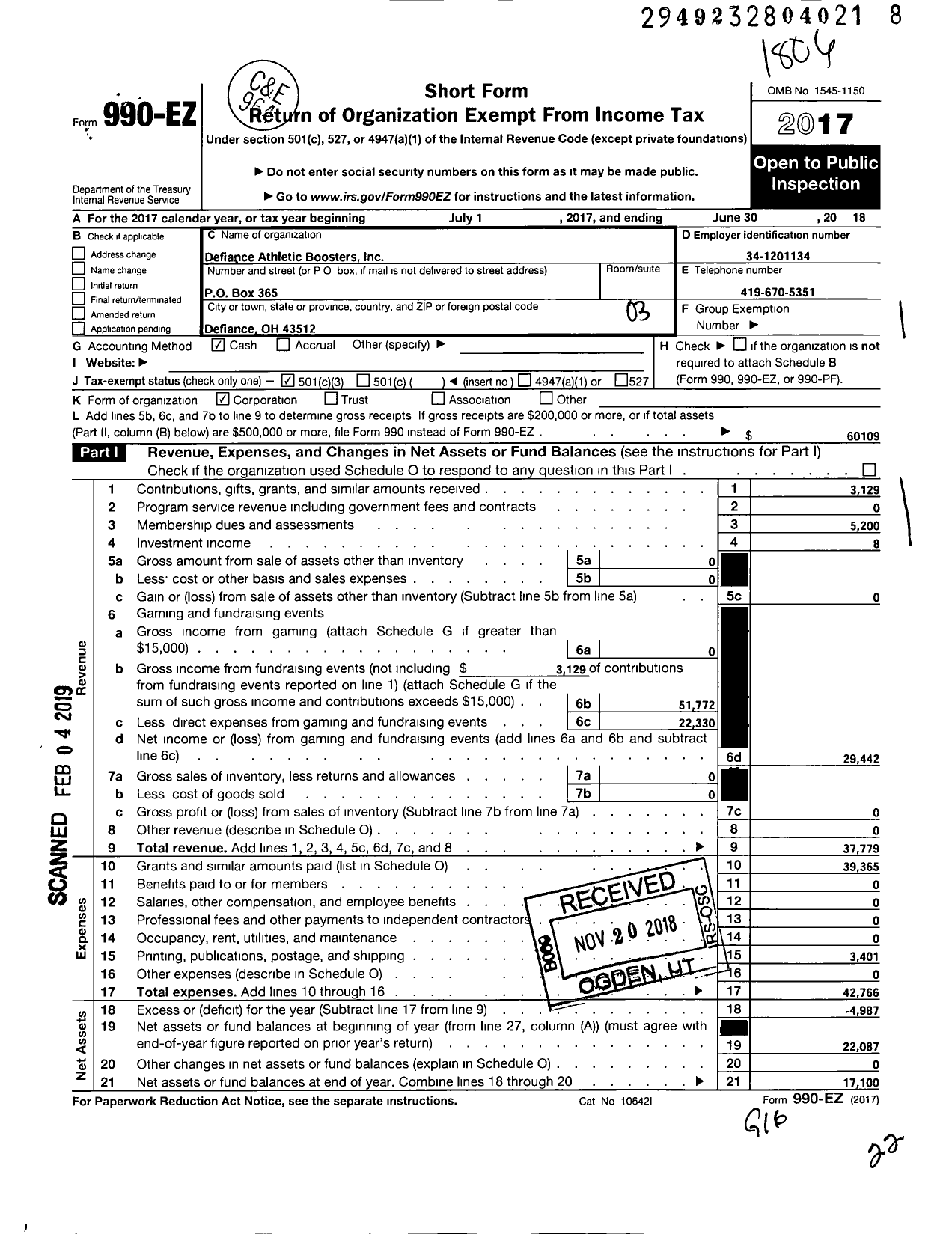 Image of first page of 2017 Form 990EZ for Defiance Athletic Boosters