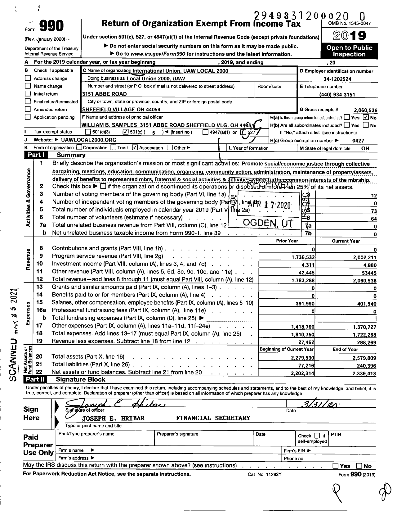 Image of first page of 2019 Form 990O for UAW - LOCAL Union 2000 UAW