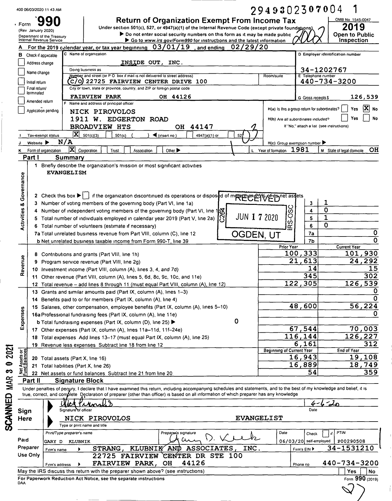 Image of first page of 2019 Form 990 for Inside Out