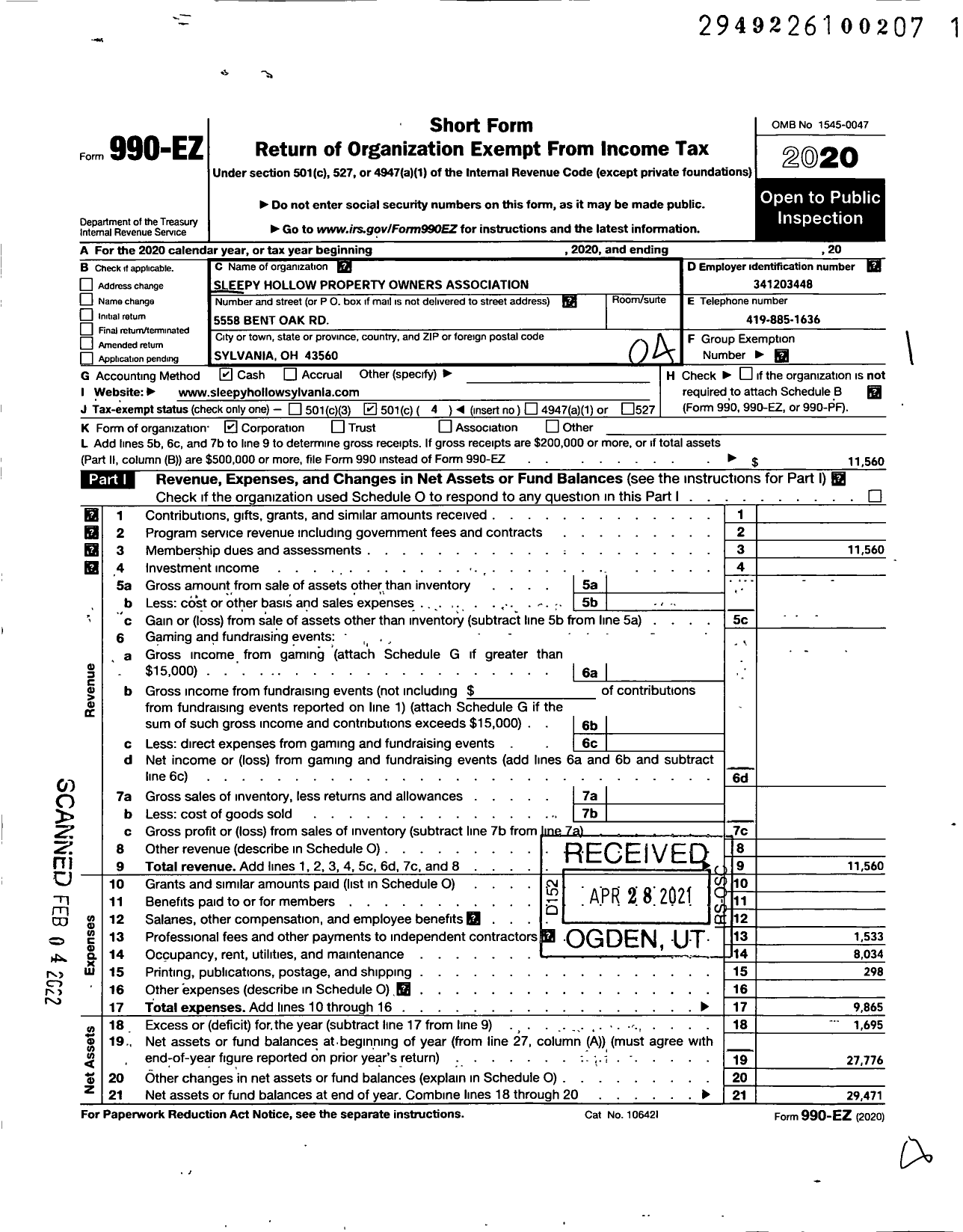 Image of first page of 2020 Form 990EO for Sleepy Hollow Property Owners Association