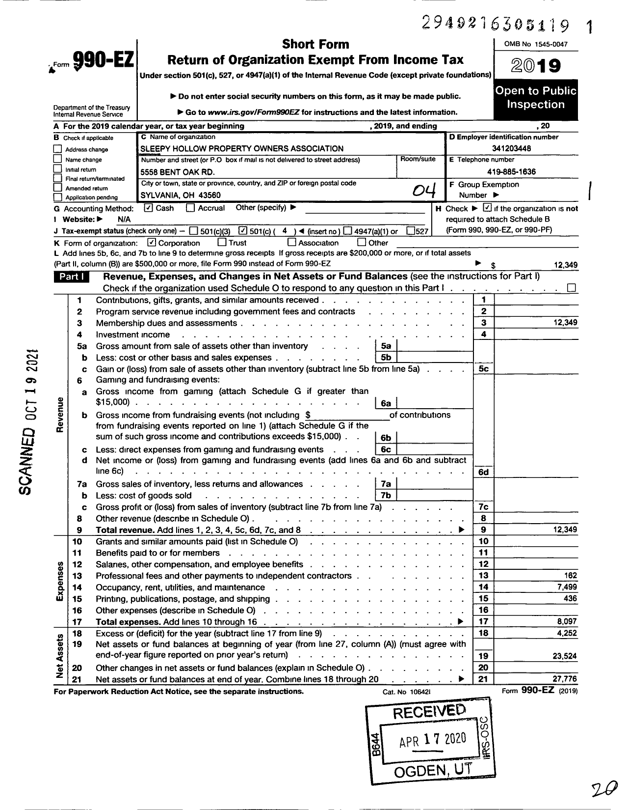 Image of first page of 2019 Form 990EO for Sleepy Hollow Property Owners Association