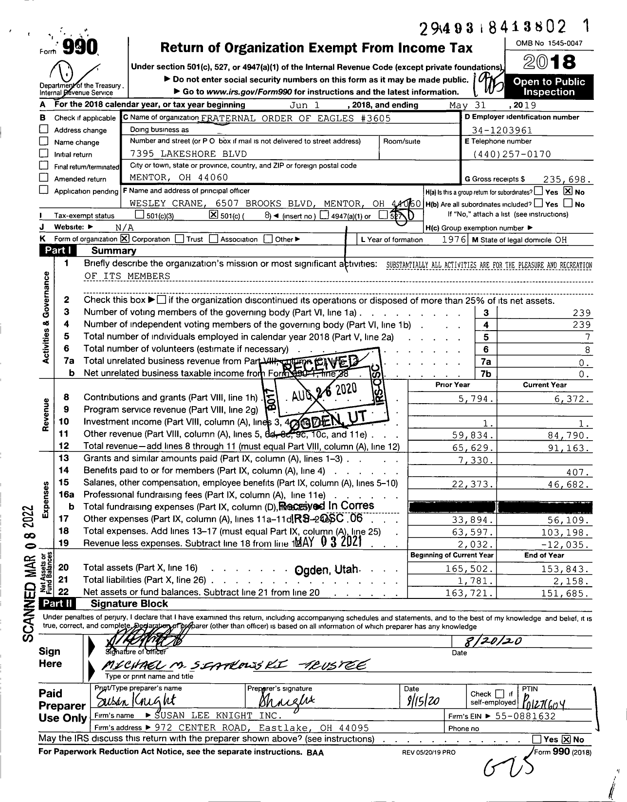 Image of first page of 2018 Form 990O for Fraternal Order of Eagles - 3605 Aerie