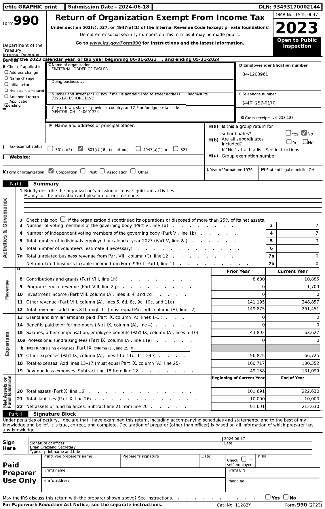 Image of first page of 2023 Form 990 for Fraternal Order of Eagles - 3605 Aerie