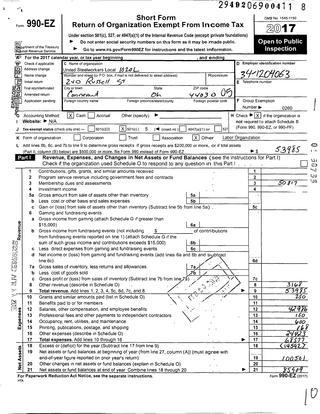 Image of first page of 2017 Form 990EO for United Steelworkers - 01020l Local