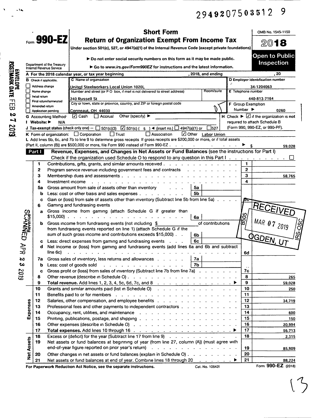 Image of first page of 2018 Form 990EO for United Steelworkers - 01020l Local