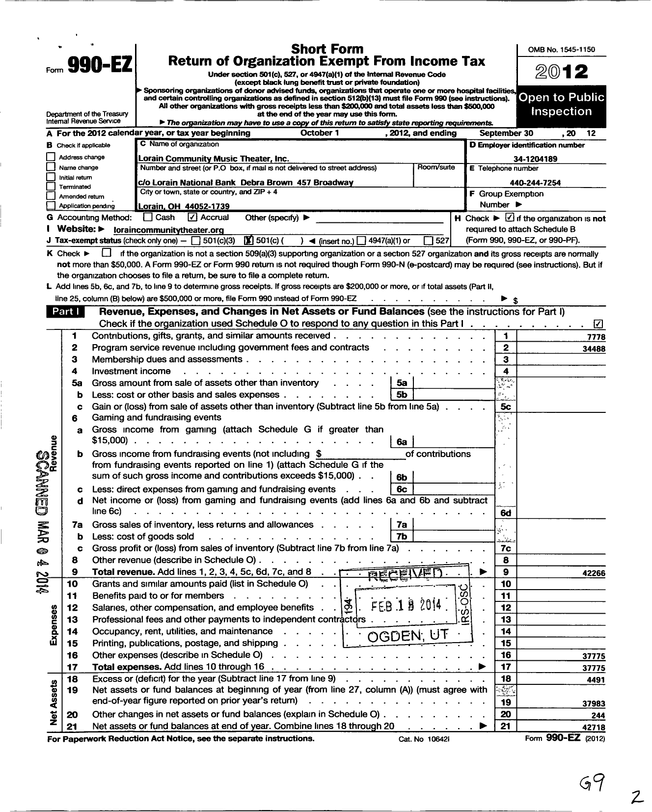 Image of first page of 2011 Form 990EO for Lorain Community Music Theater