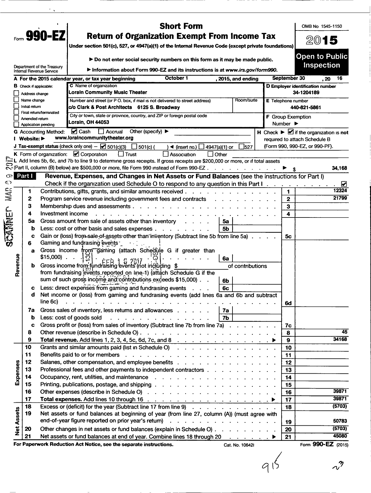 Image of first page of 2015 Form 990EZ for Lorain Community Music Theater