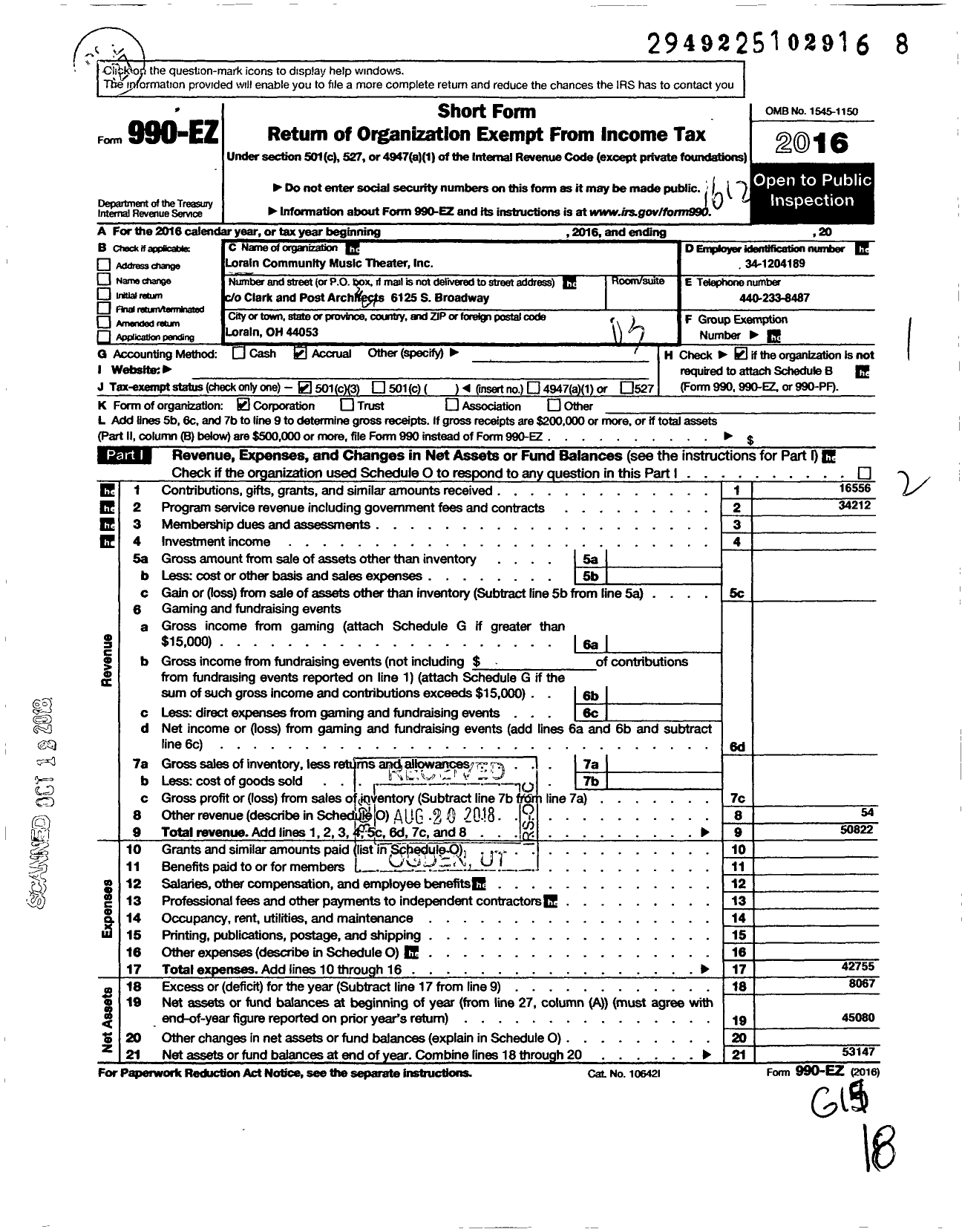 Image of first page of 2016 Form 990EZ for Lorain Community Music Theater