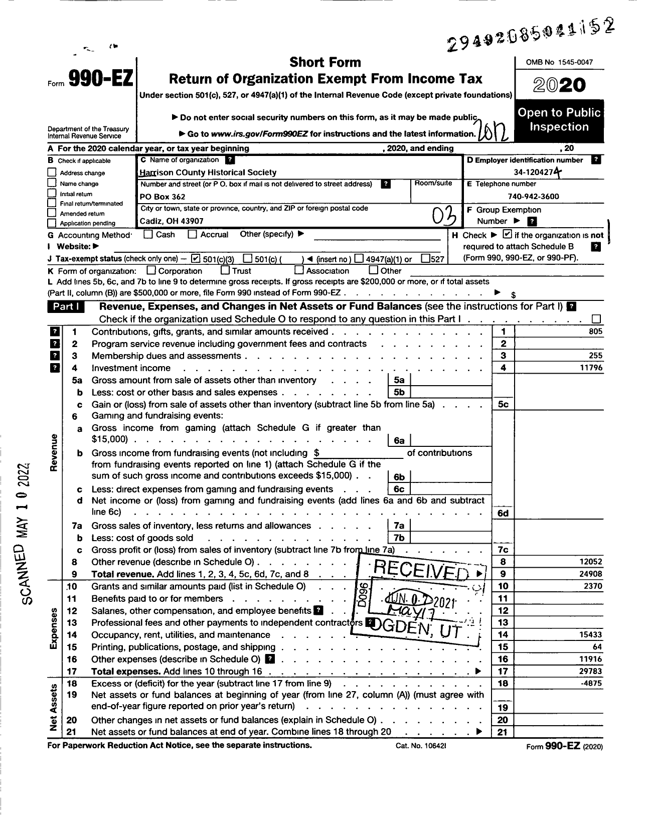 Image of first page of 2020 Form 990EZ for Harrison County Historical Society