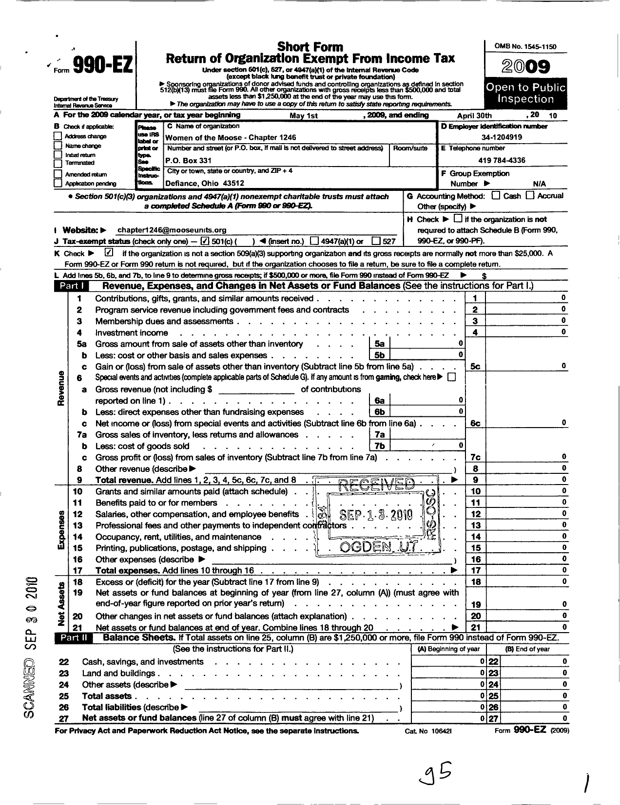 Image of first page of 2009 Form 990EO for Loyal Order of Moose - 1246