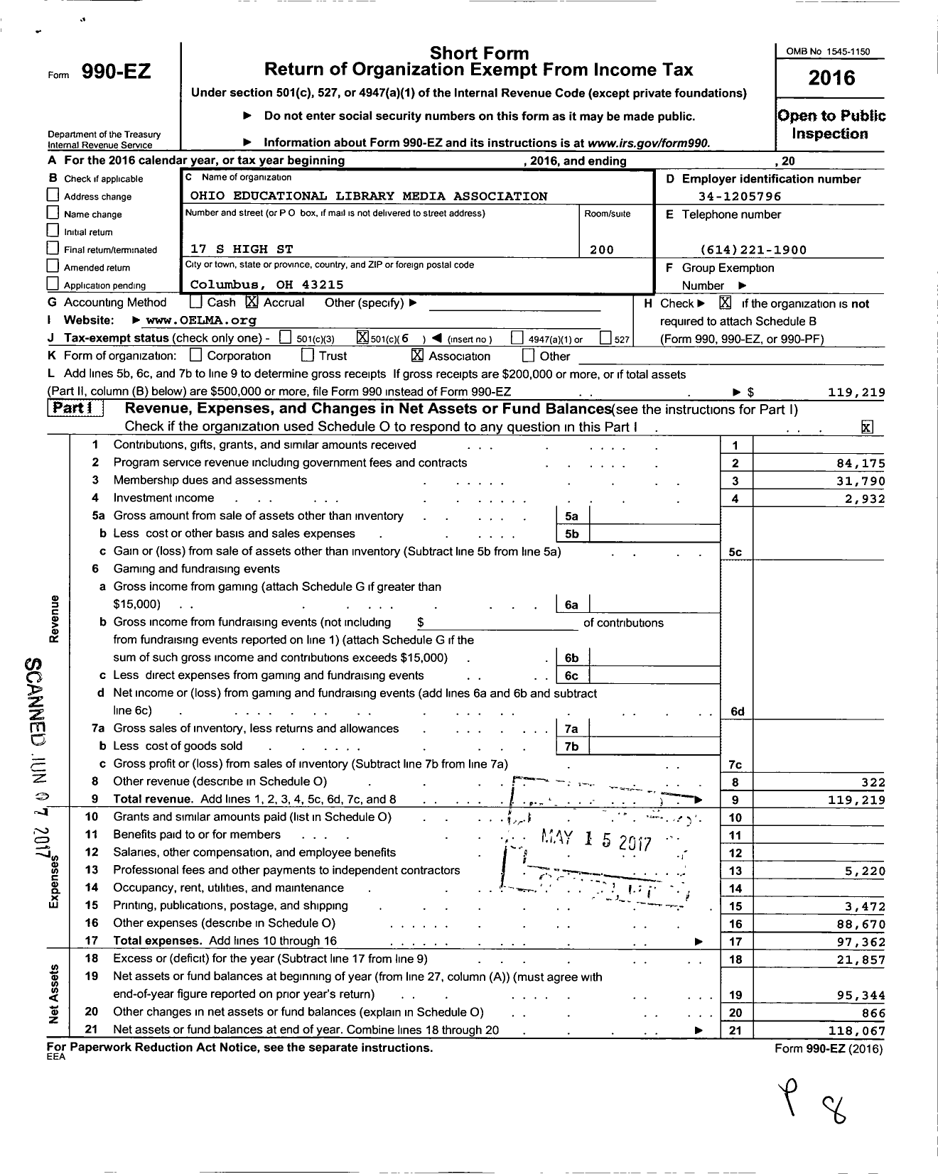 Image of first page of 2016 Form 990EO for Ohio Educational Library Media Association