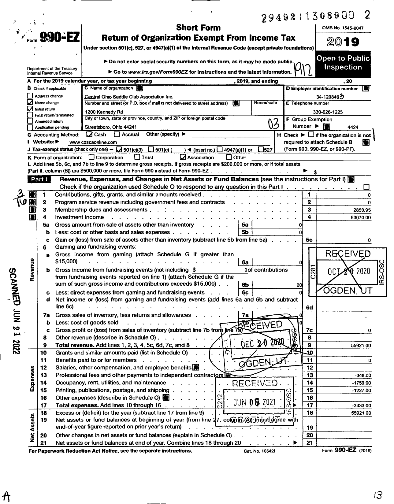 Image of first page of 2019 Form 990EZ for Central Ohio Saddle Club Association