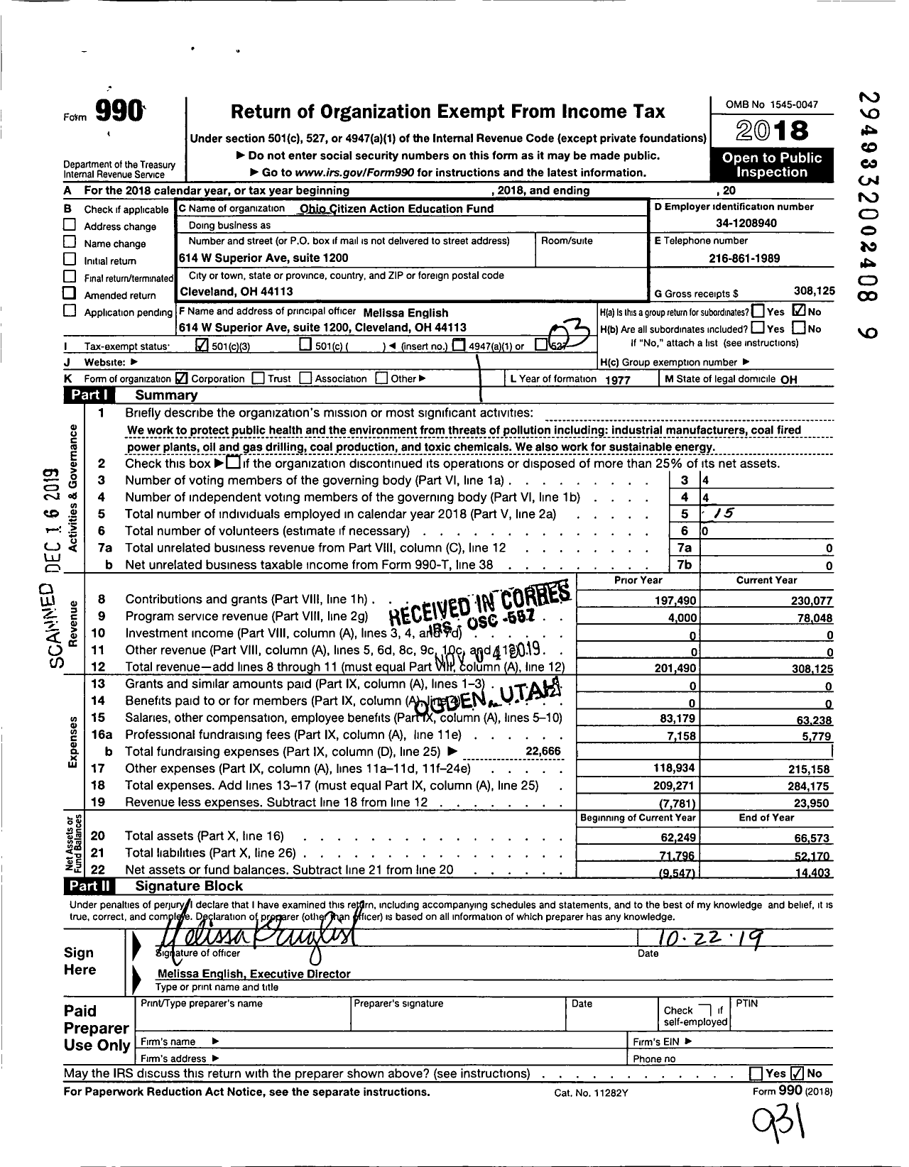 Image of first page of 2018 Form 990 for Ohio Citizen Action Education Fund