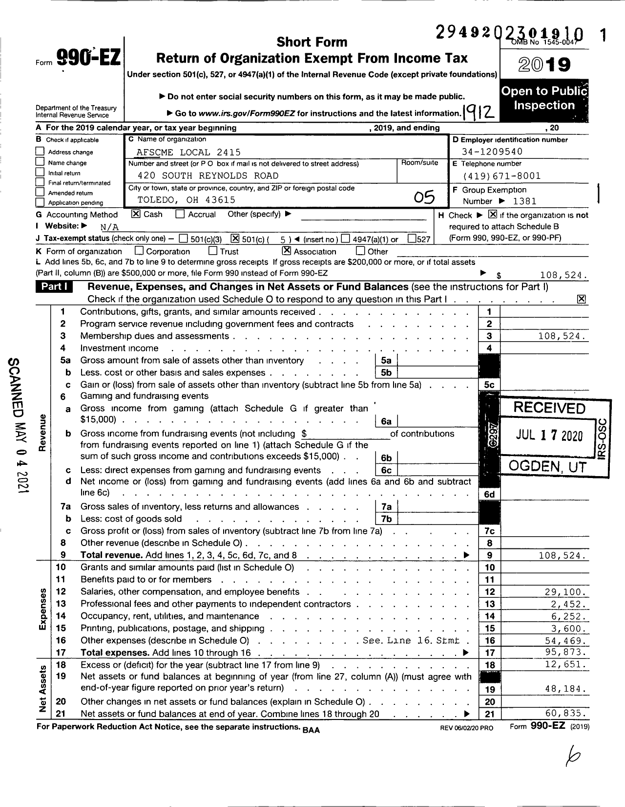 Image of first page of 2019 Form 990EO for AFSCME Local 2415