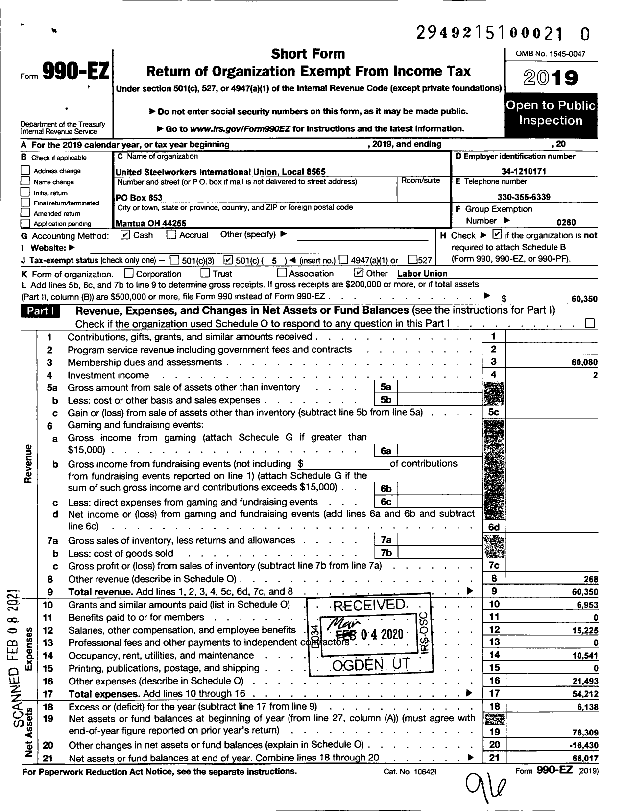 Image of first page of 2019 Form 990EO for United Steelworkers