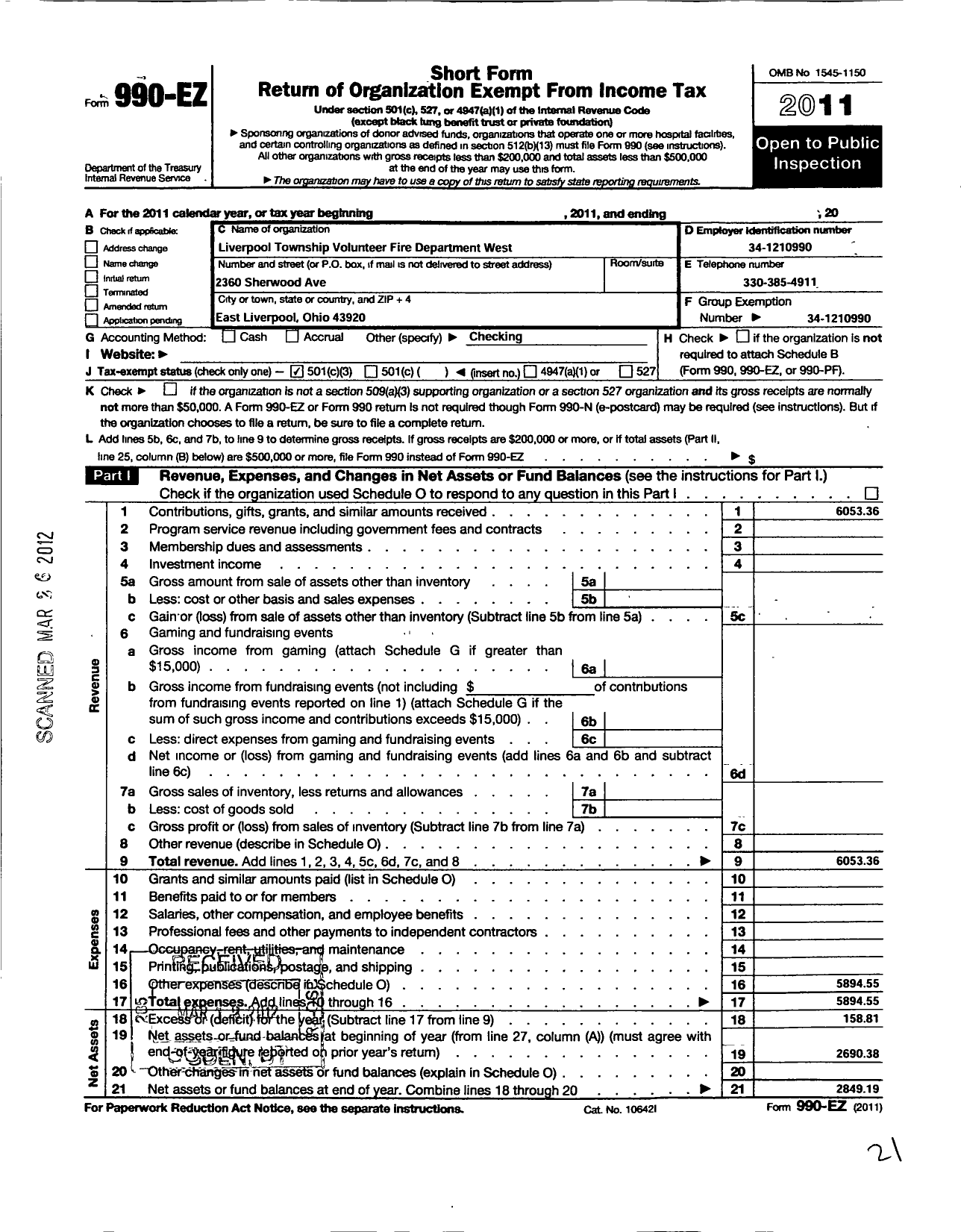 Image of first page of 2011 Form 990EZ for Liverpool Township Volunteer Firedepartment-West Station