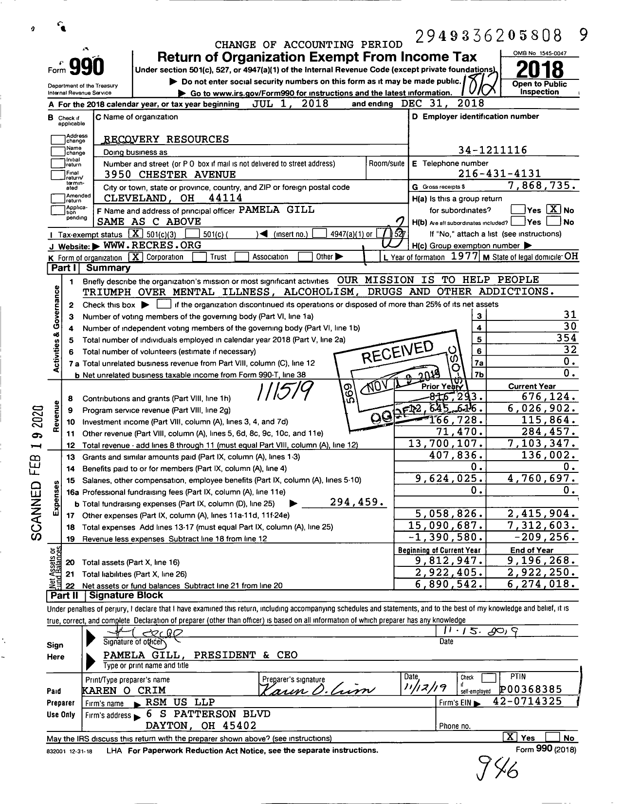 Image of first page of 2018 Form 990 for Recovery Resources