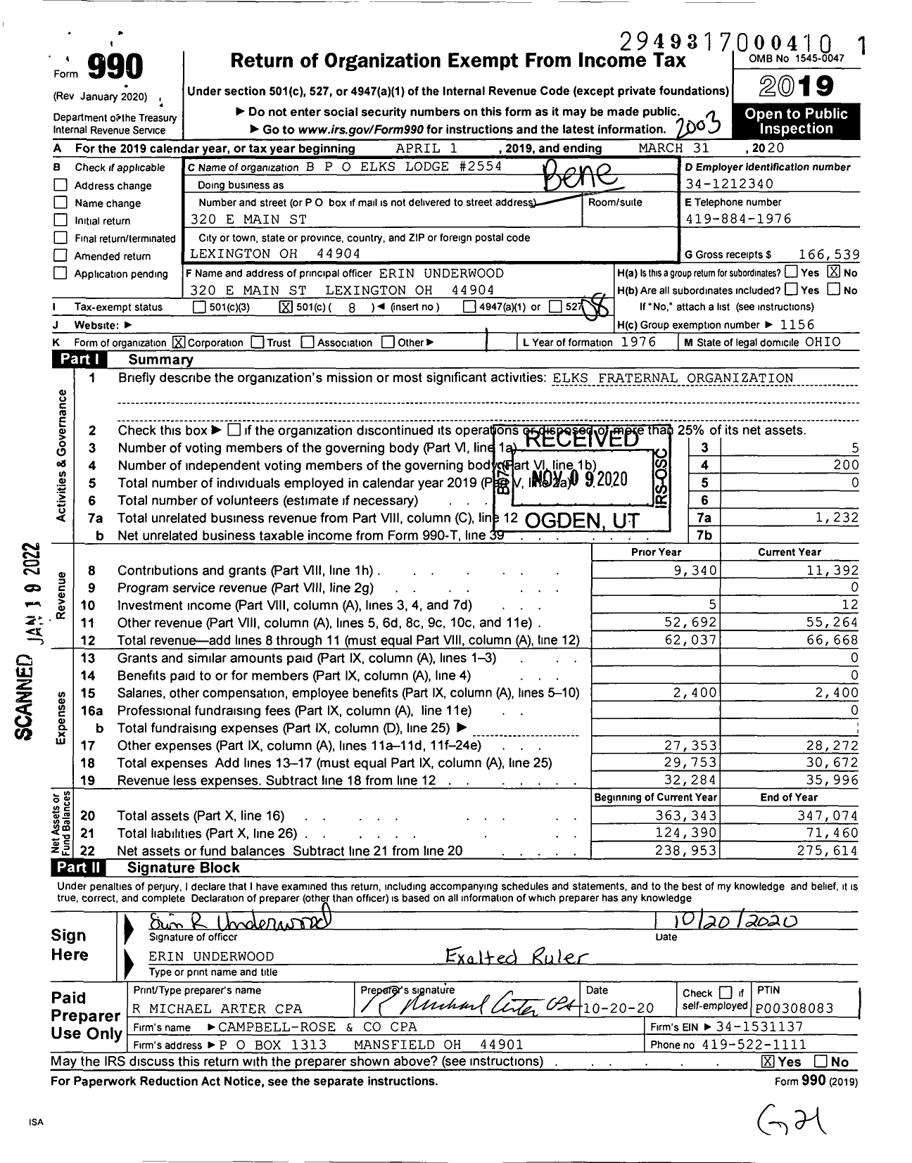 Image of first page of 2019 Form 990O for Benevolent and Protective Order of Elks - 2554 Lexington-Shelby