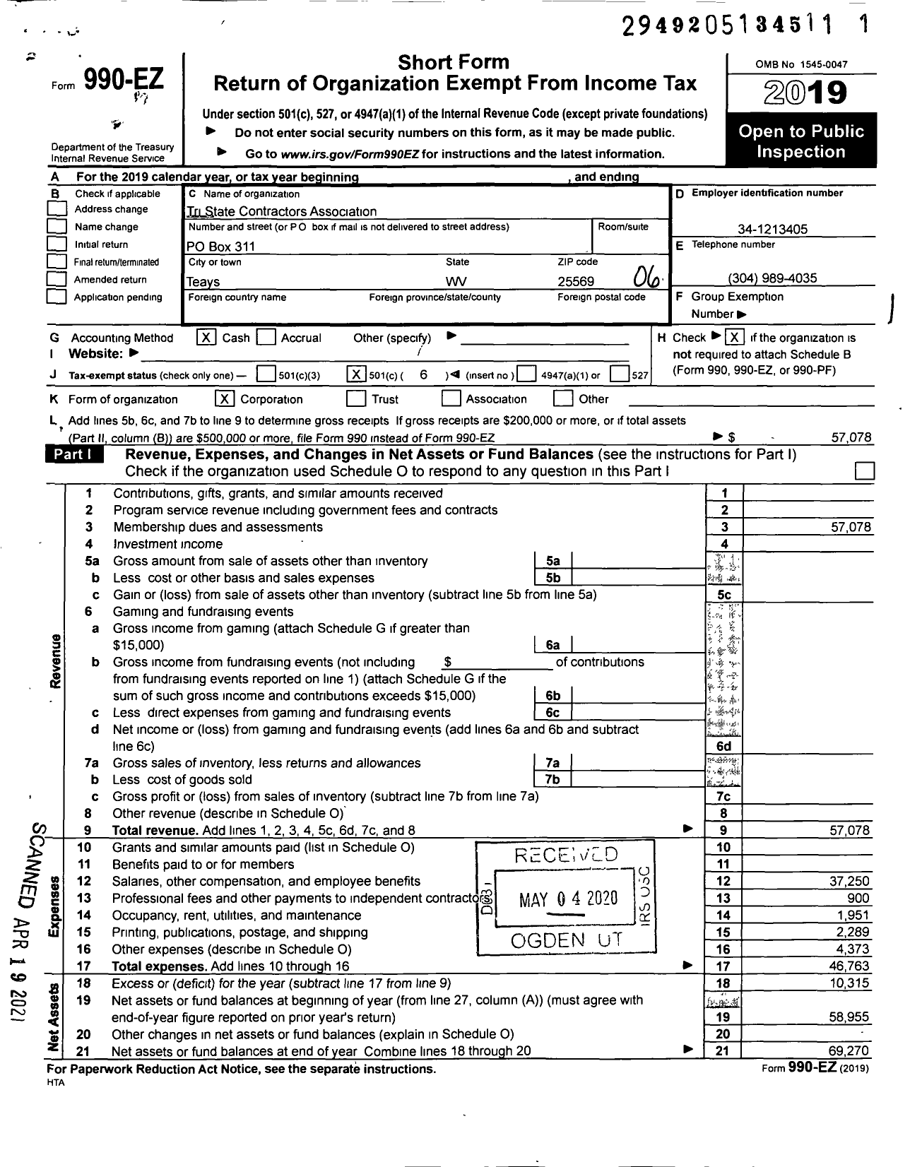 Image of first page of 2019 Form 990EO for Tri State Contractors Association