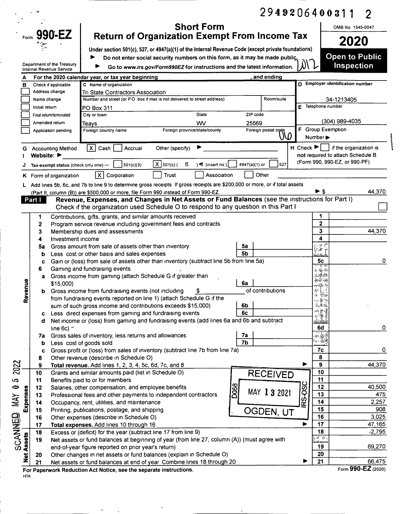 Image of first page of 2020 Form 990EO for Tri State Contractors Association