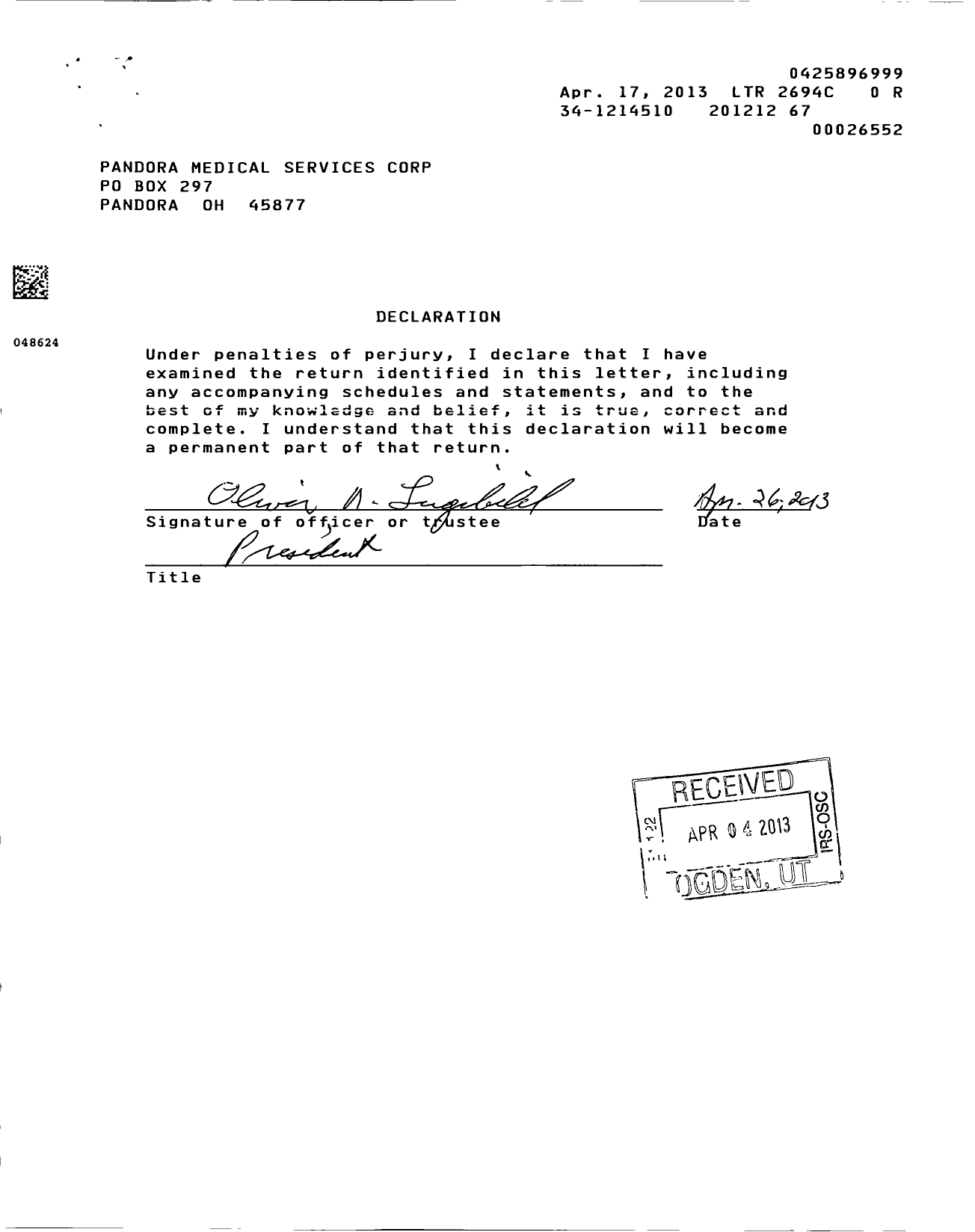 Image of first page of 2012 Form 990R for Pandora Medical Services Corporation