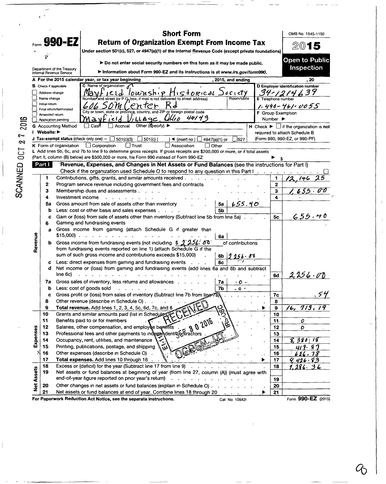 Image of first page of 2015 Form 990EO for Mayfield Township Historical Society