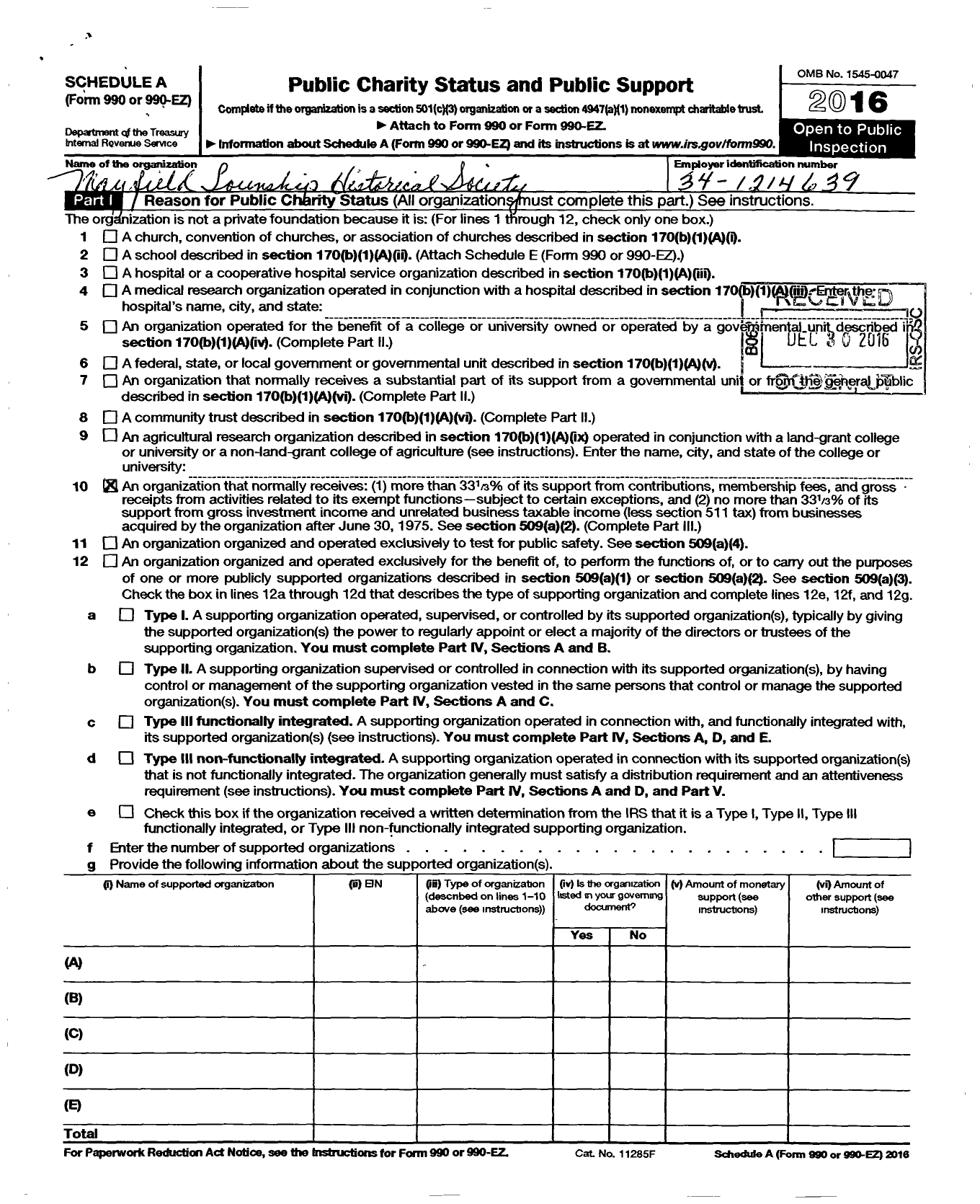 Image of first page of 2014 Form 990ER for Mayfield Township Historical Society