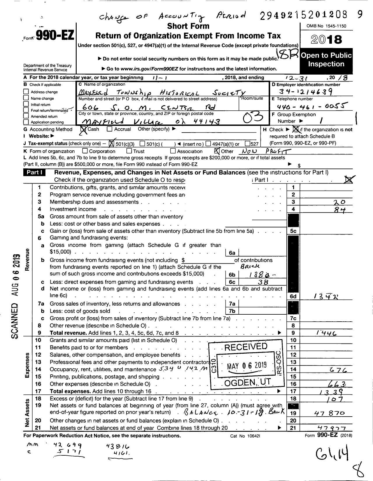 Image of first page of 2018 Form 990EZ for Mayfield Township Historical Society