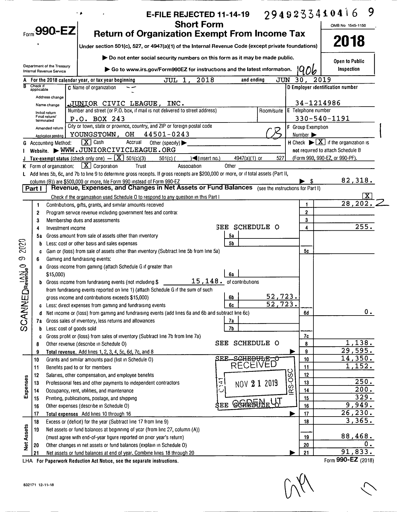 Image of first page of 2018 Form 990EZ for Junior Civic League