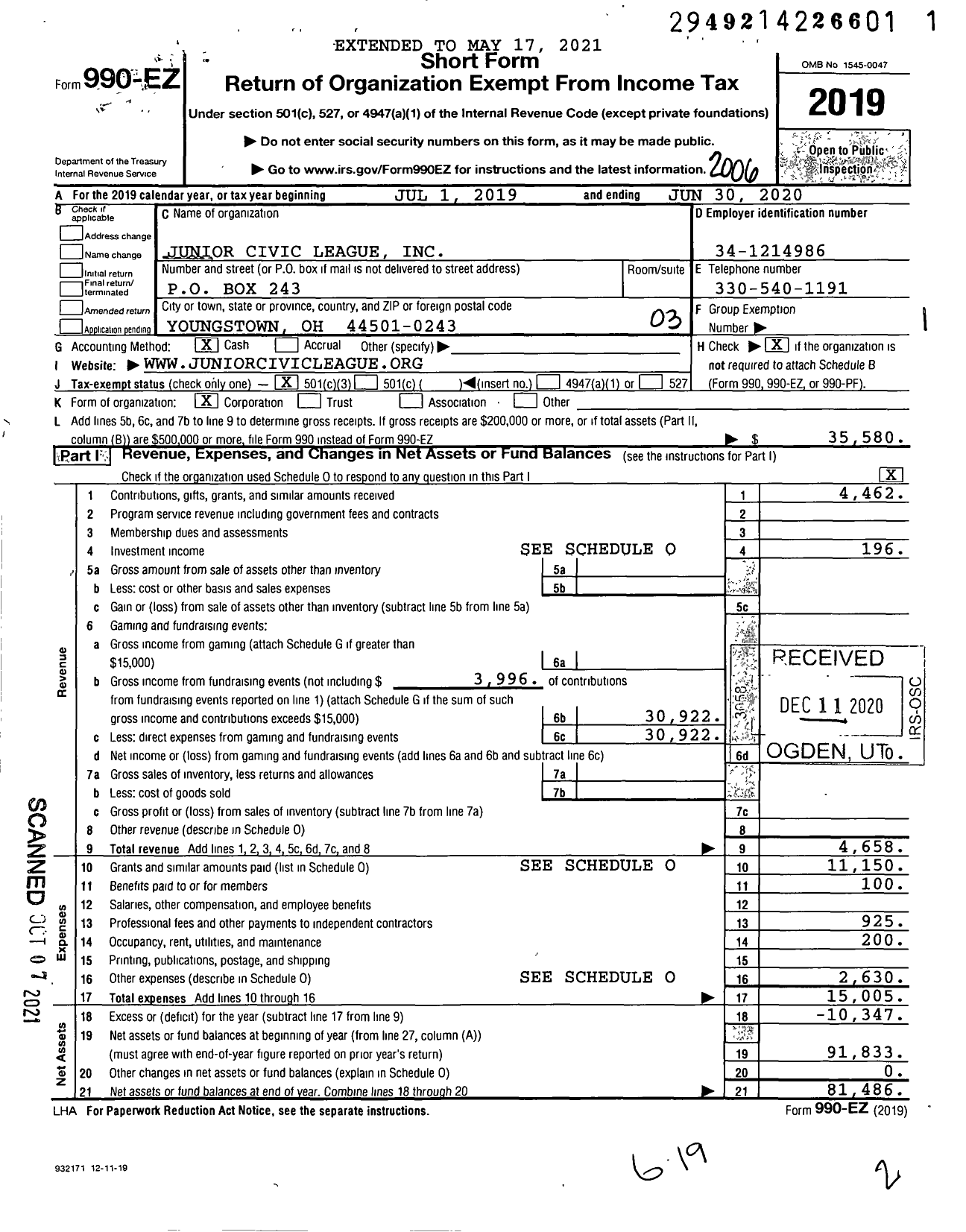 Image of first page of 2019 Form 990EZ for Junior Civic League