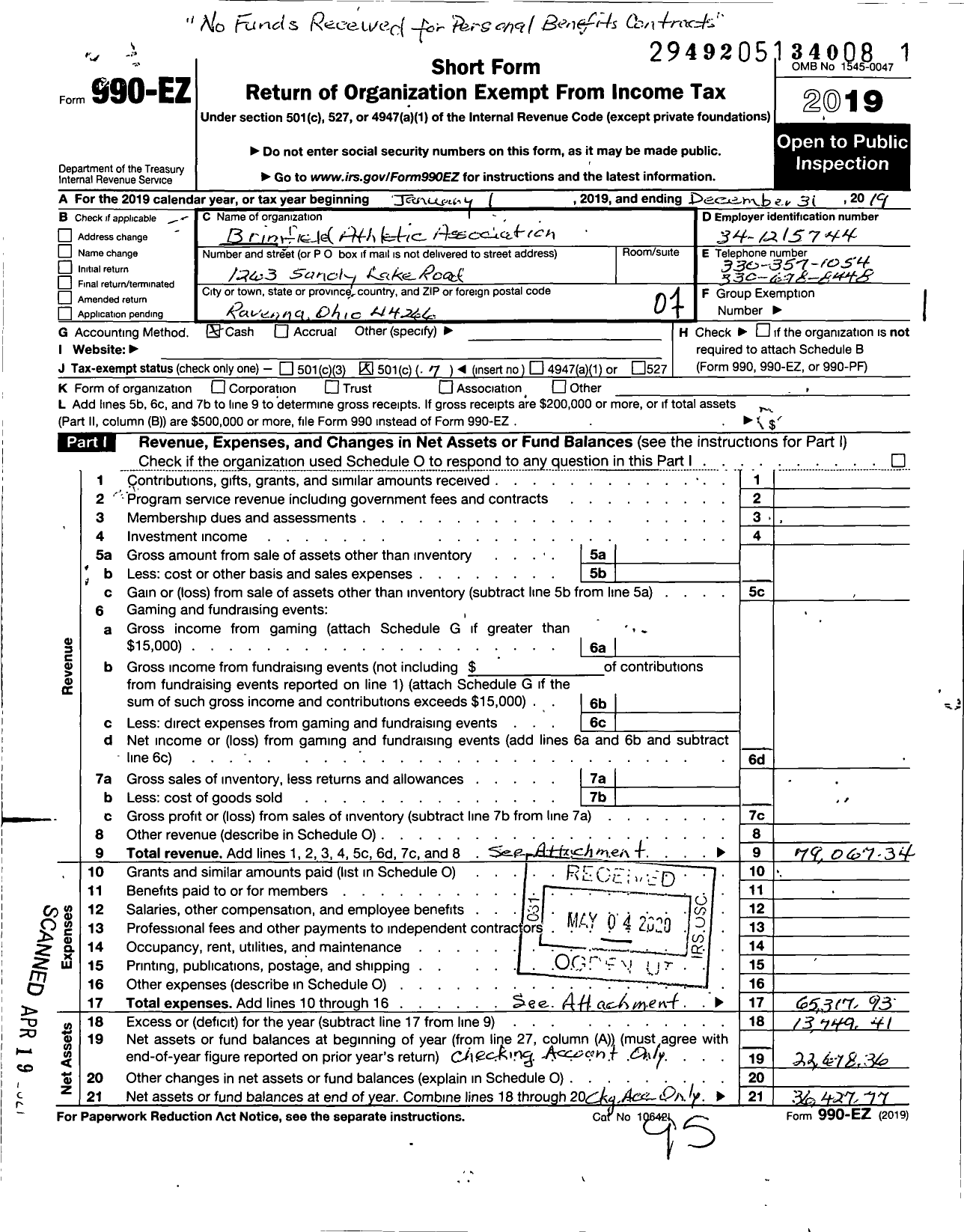 Image of first page of 2019 Form 990EO for Brimfield Athletic Association