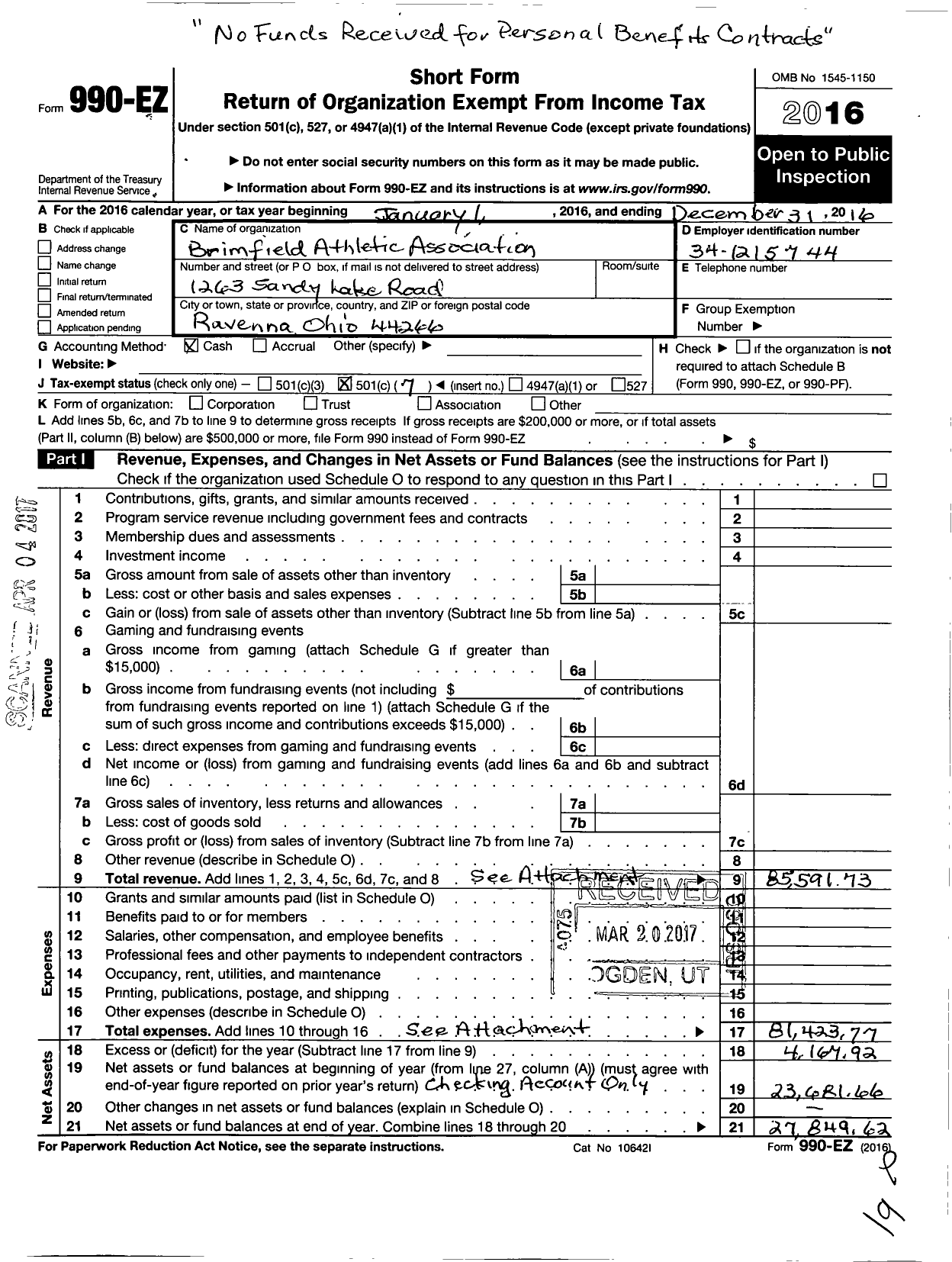 Image of first page of 2016 Form 990EO for Brimfield Athletic Association