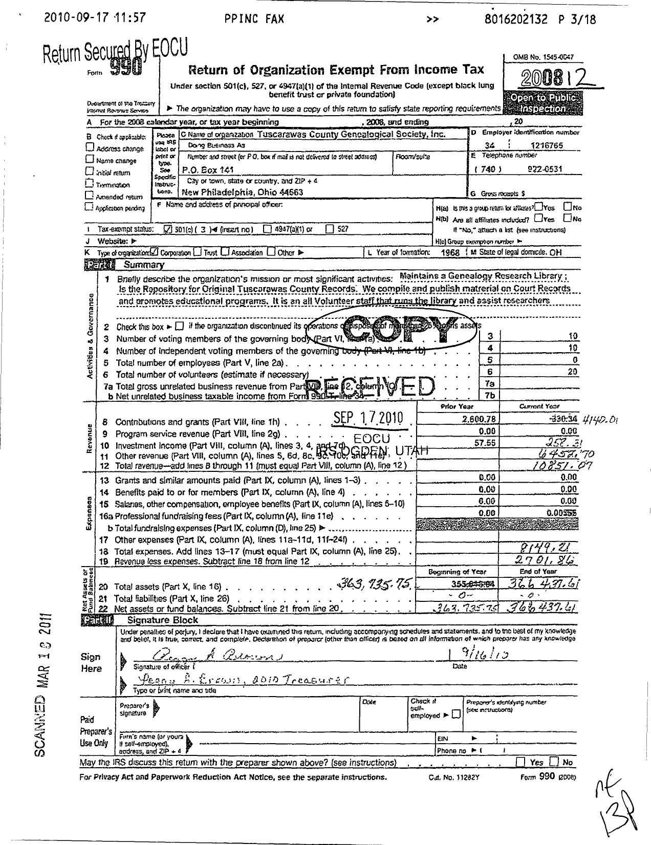 Image of first page of 2008 Form 990 for Tuscarawas County Genealogical Society