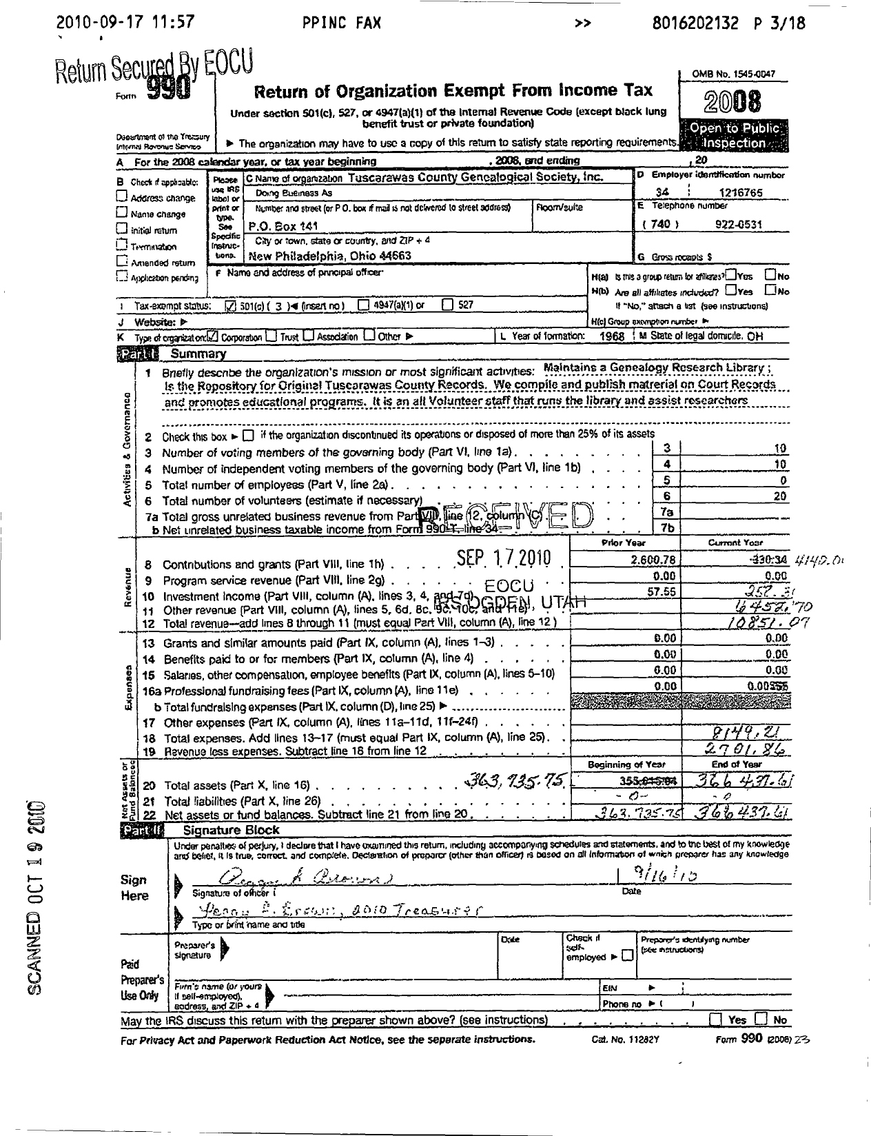 Image of first page of 2008 Form 990 for Tuscarawas County Genealogical Society