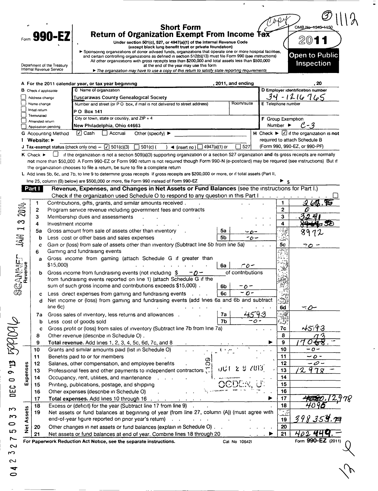 Image of first page of 2011 Form 990EZ for Tuscarawas County Genealogical Society