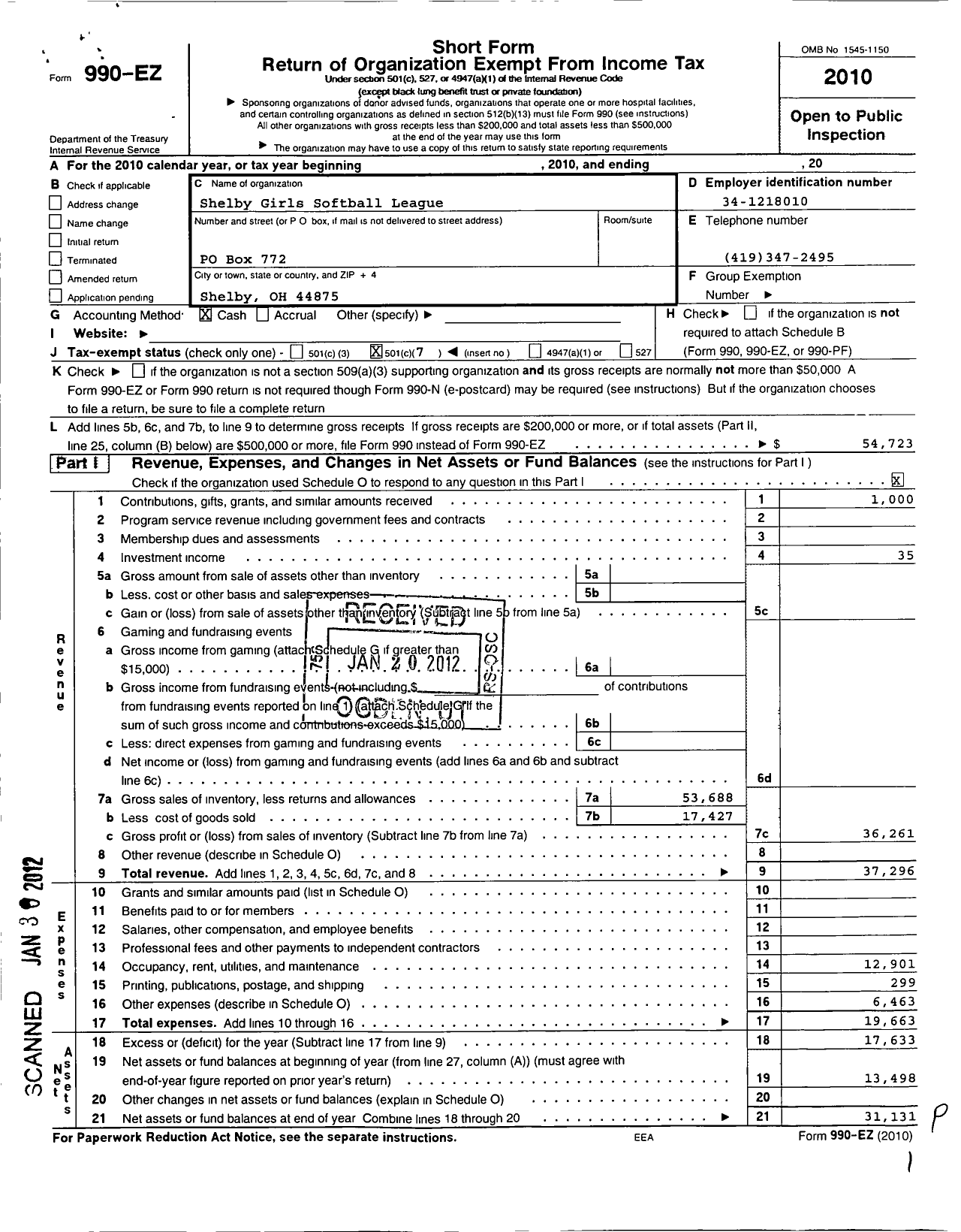 Image of first page of 2010 Form 990EO for Shelby Girls Softball