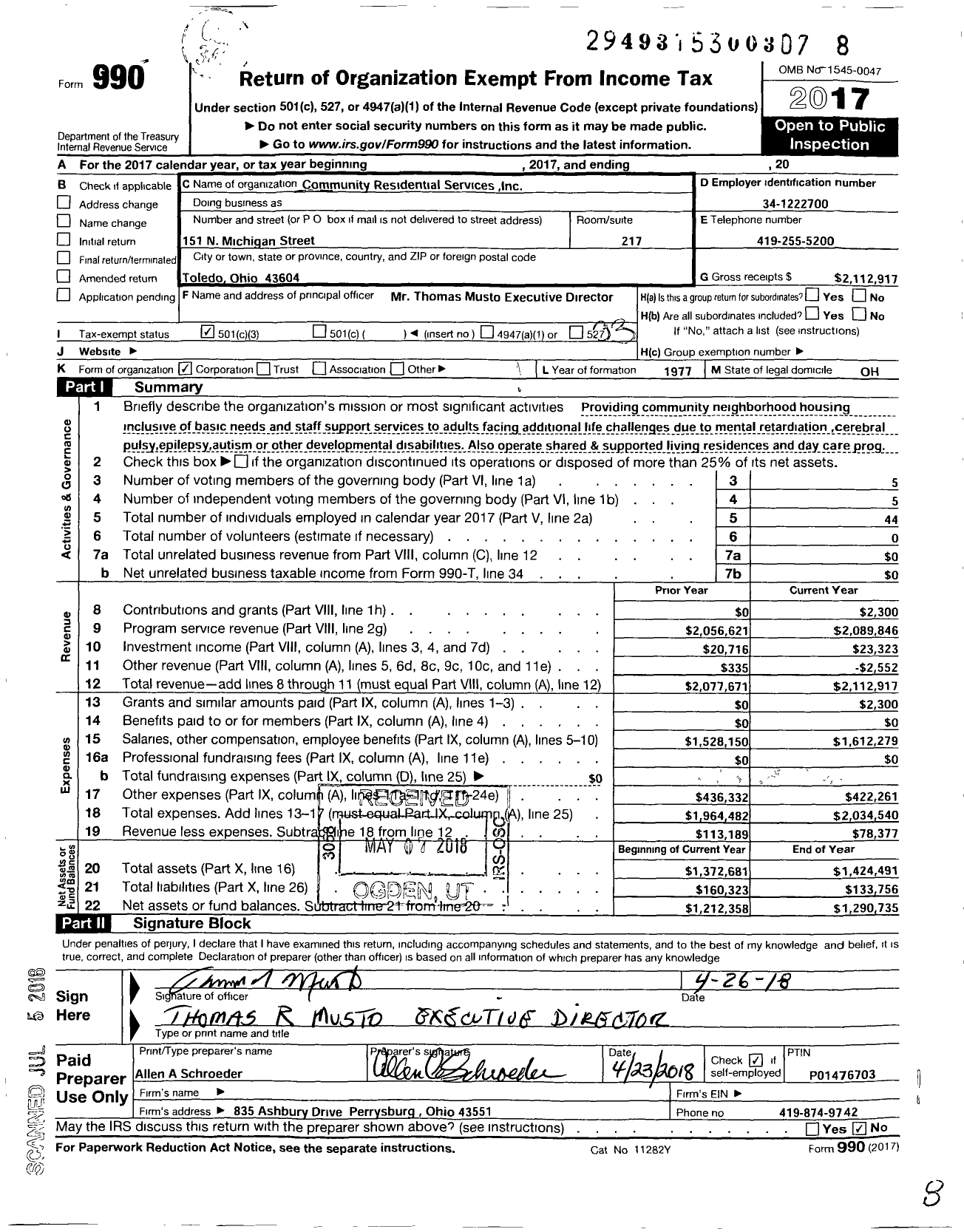 Image of first page of 2017 Form 990 for Community Residential Services