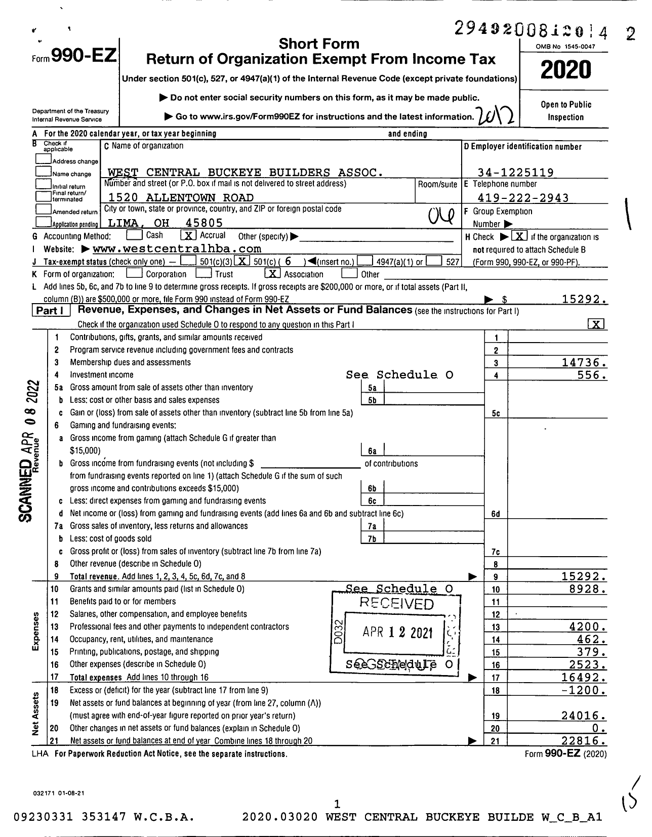 Image of first page of 2020 Form 990EO for West Central Buckeye Builders Association