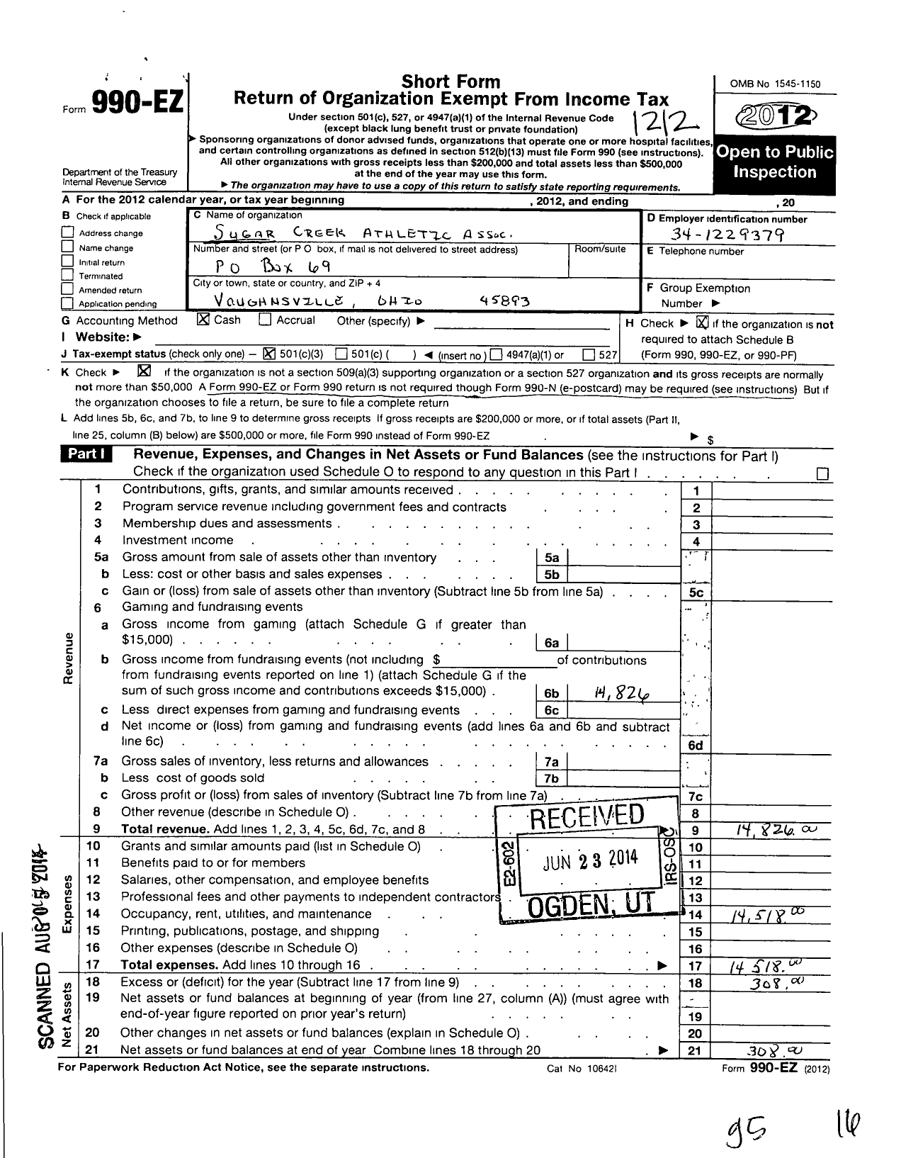 Image of first page of 2012 Form 990EZ for Sugar Creek Athletic Association