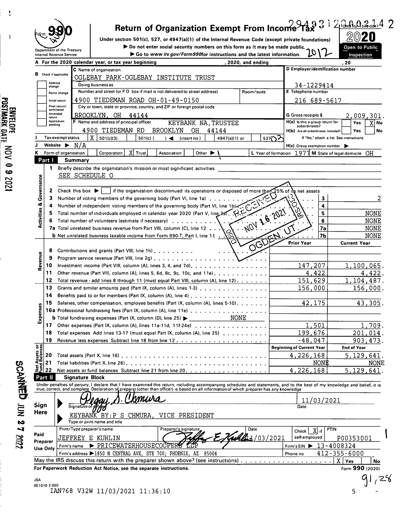 Image of first page of 2020 Form 990 for Oglebay Park-Oglebay Institute Trust