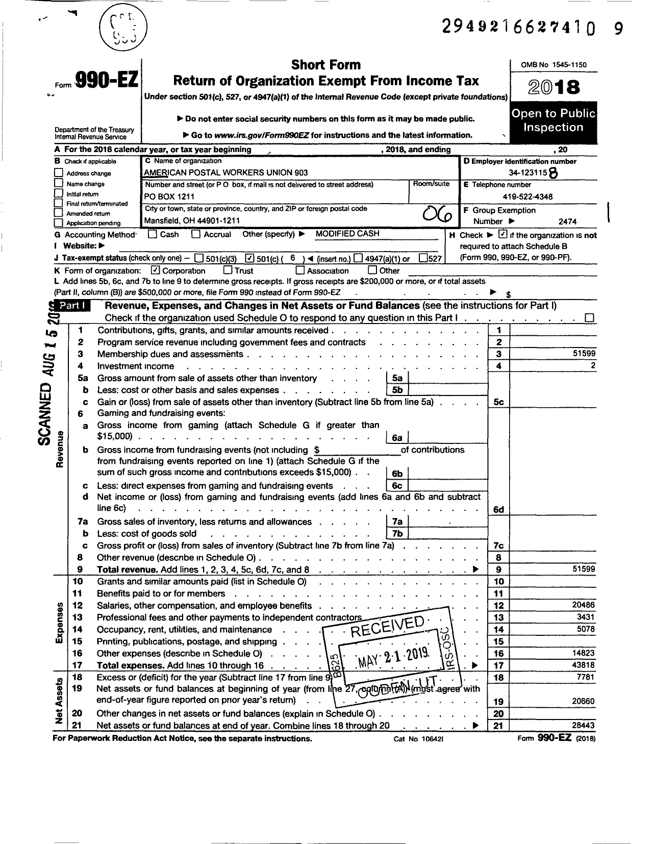 Image of first page of 2018 Form 990EO for American Postal Workers Union - 903 Mansfield Area Local