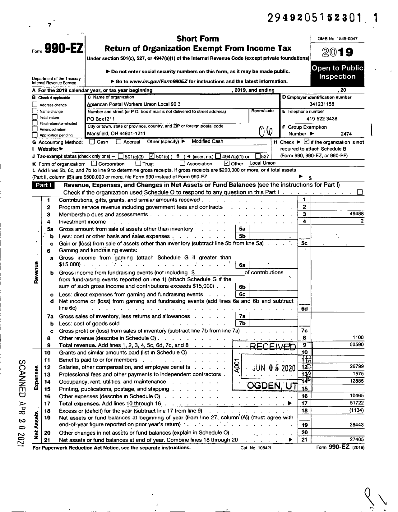 Image of first page of 2019 Form 990EO for American Postal Workers Union - 903 Mansfield Area Local