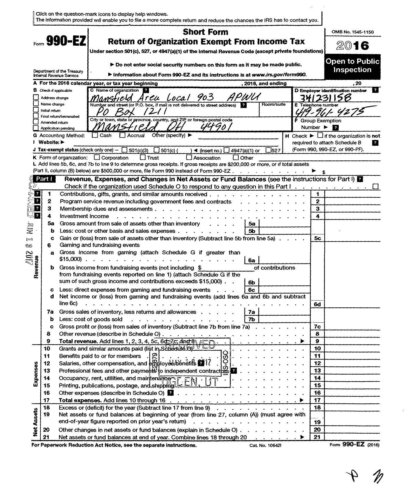 Image of first page of 2016 Form 990EO for American Postal Workers Union - 903 Mansfield Area Local