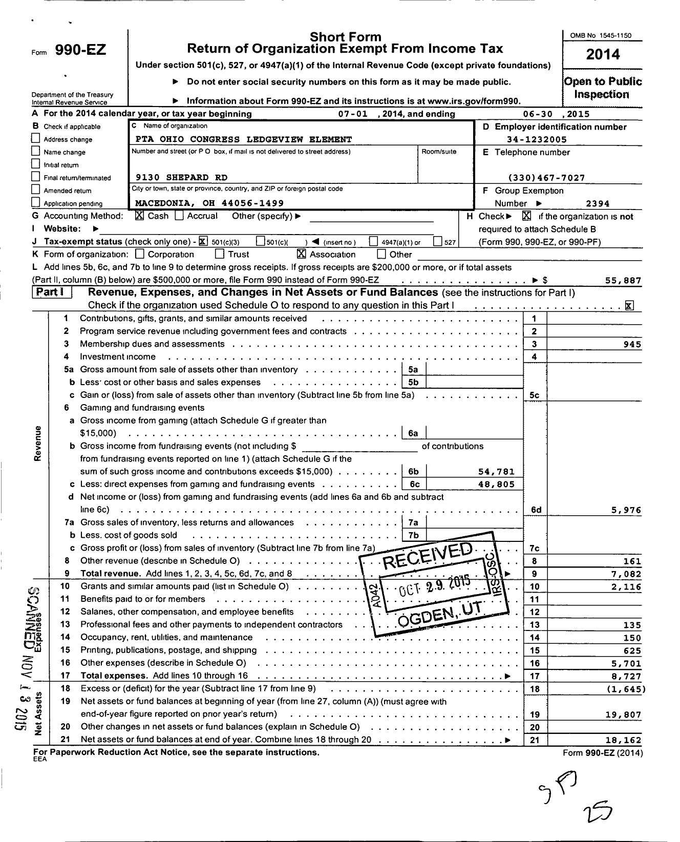 Image of first page of 2014 Form 990EZ for PTA Ohio Congress / Ledgeview El