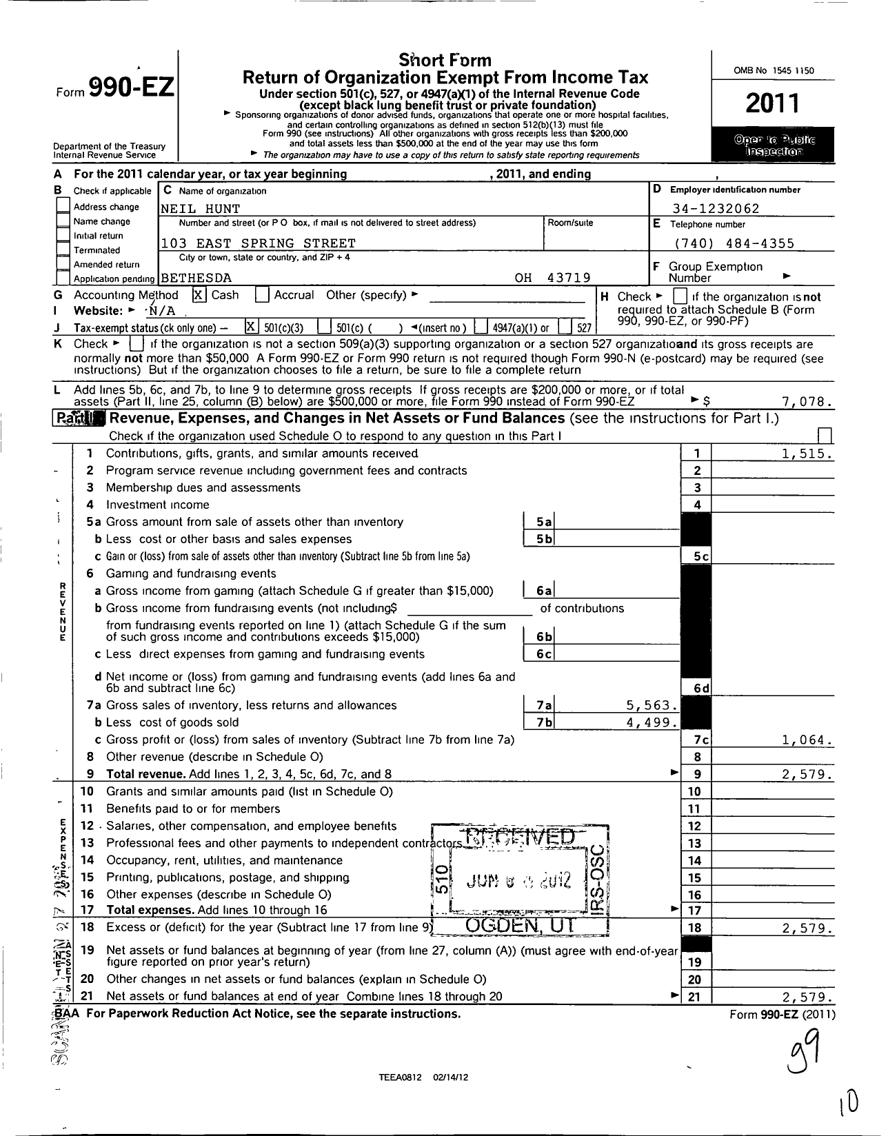 Image of first page of 2011 Form 990EZ for Bethesda Vol Fireman