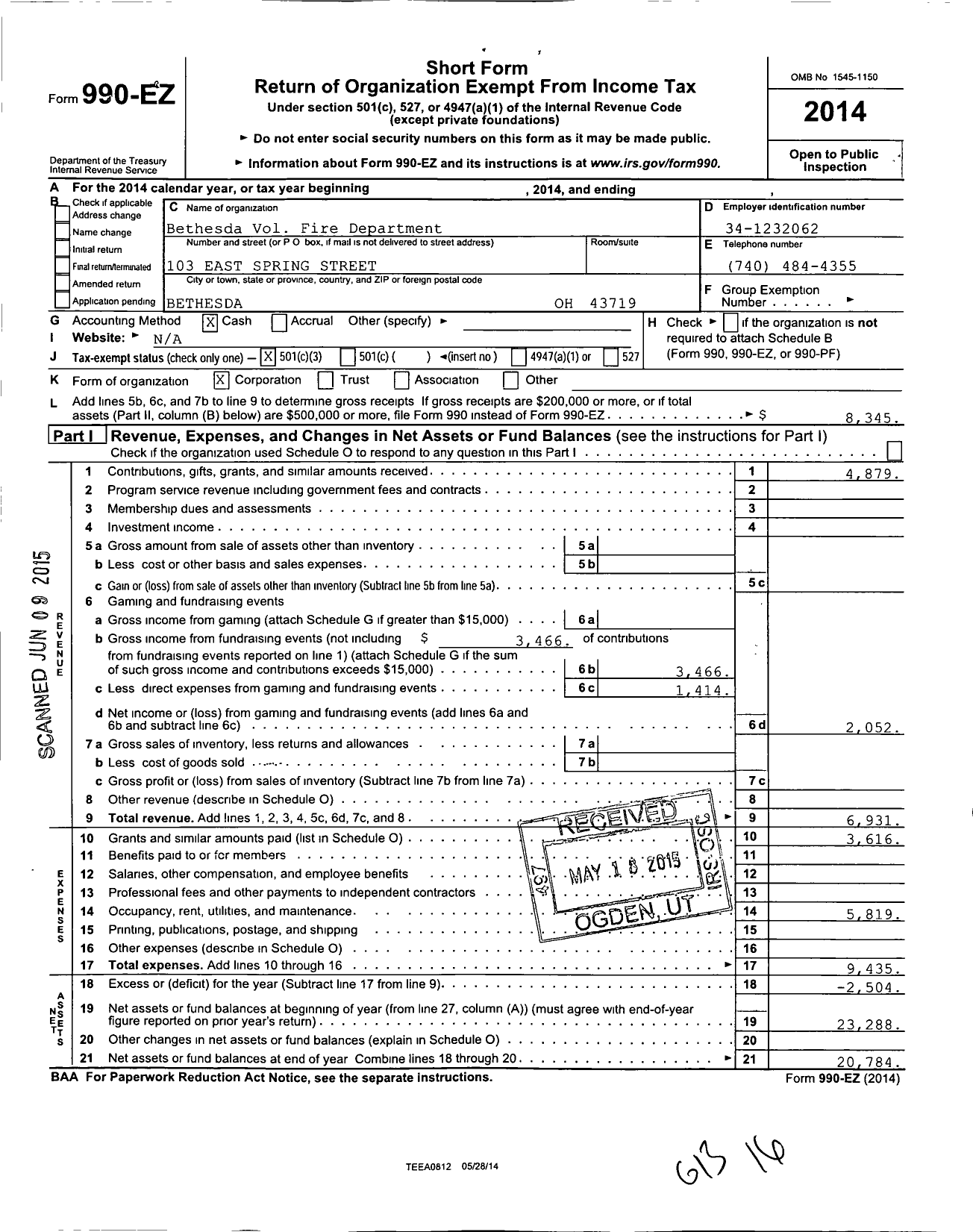 Image of first page of 2014 Form 990EZ for Bethesda Vol Fireman